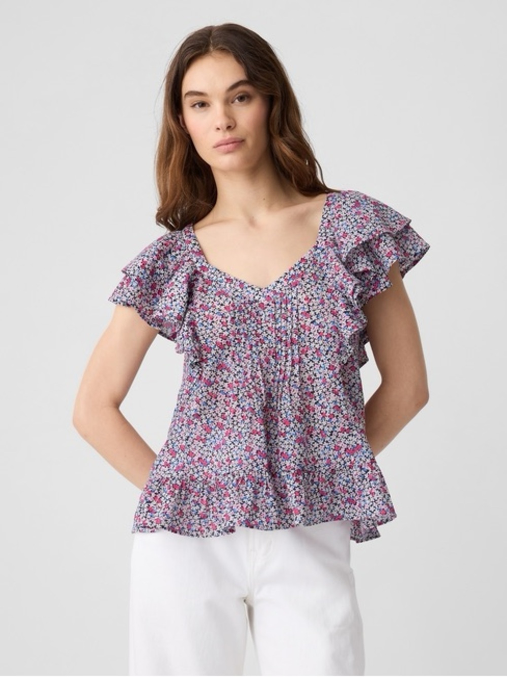 GAP Pintuck Flutter Floral Ruffle Sleeve V-Neck Top